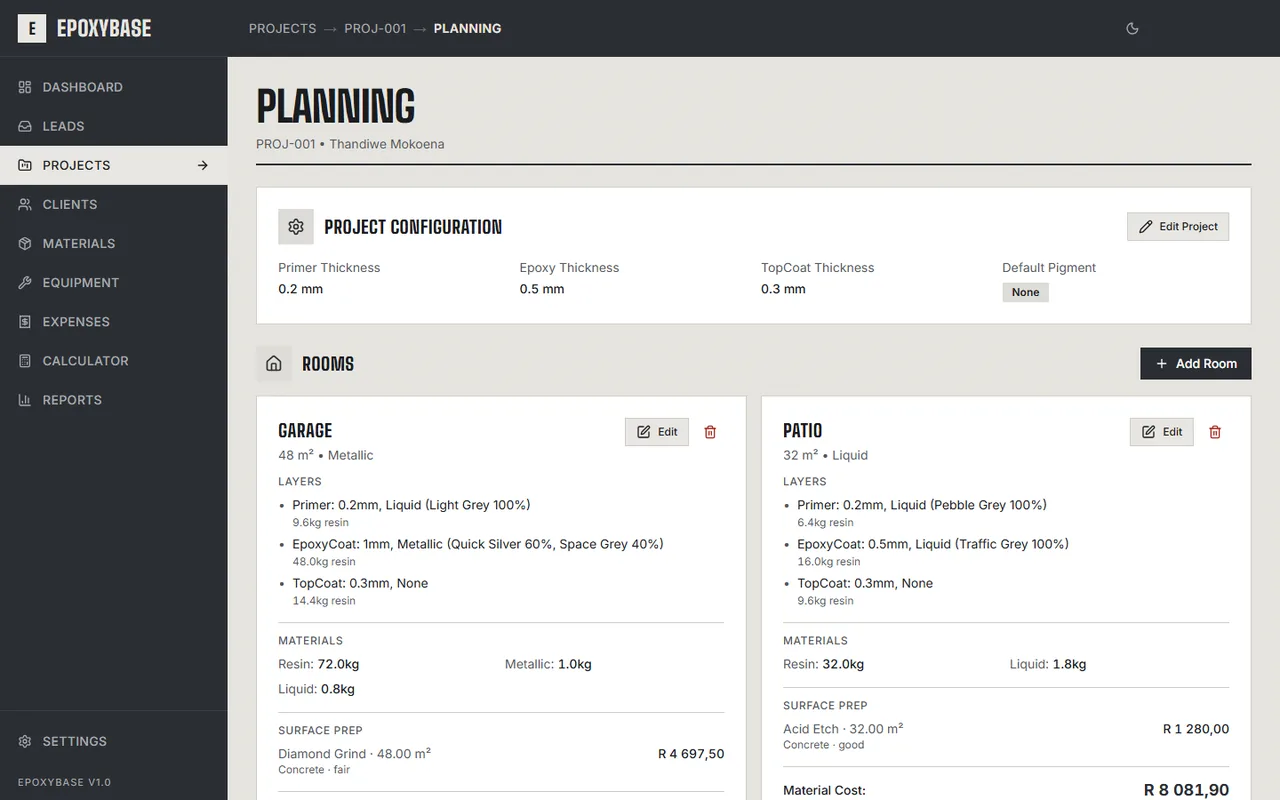 The Epoxy Base job planning screen, showing a costed quote beside its material breakdown